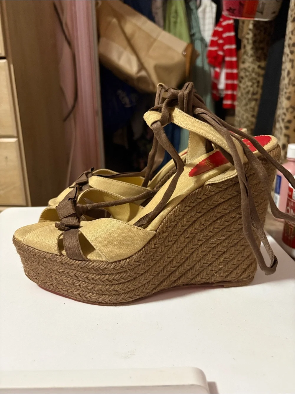 Christian Louboutin Beige and Brown Canvas Espadrille Wedge Sandals